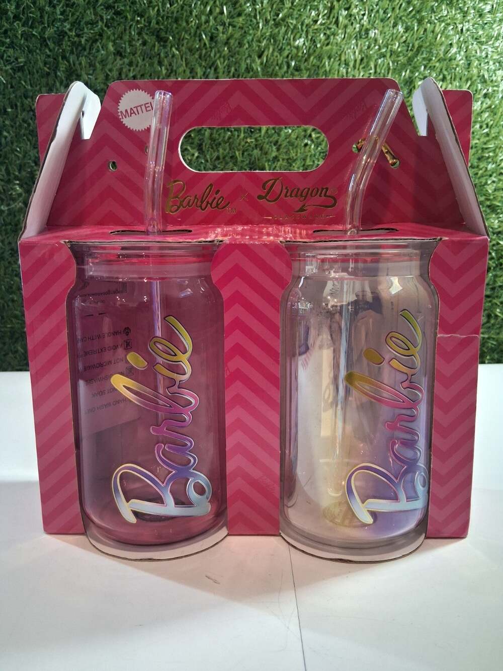 Barbie x Dragon Glassware Can Tumbler Drinking Glasses Set of 2 Pink Iridescent
